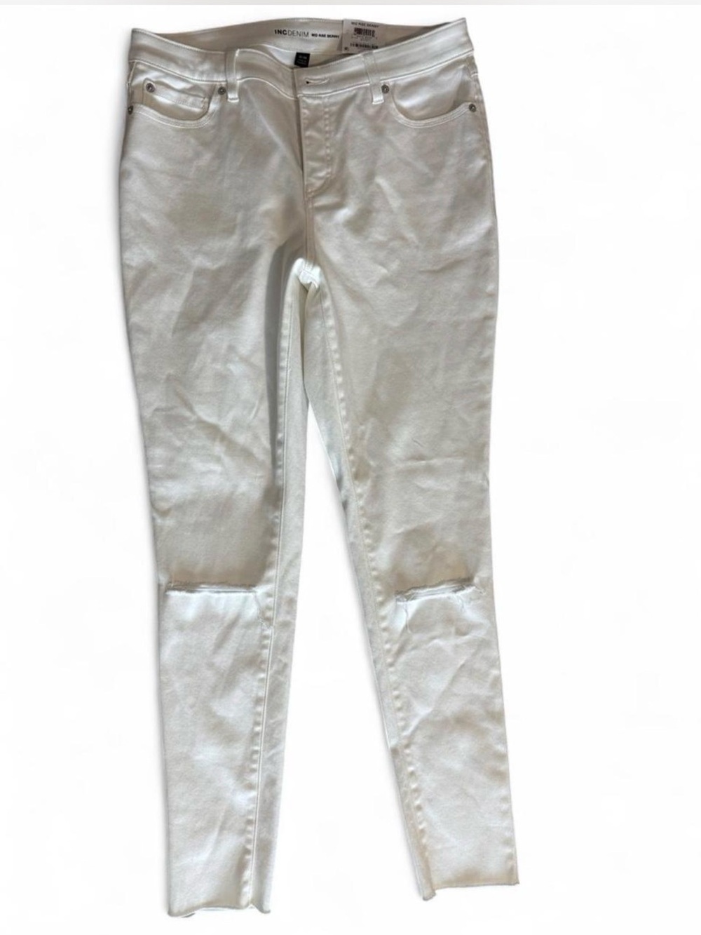 NWT INC Denim White Mid Rise Skinny Jeans Curvy 10/30 Distressed Knee - Picture 1 of 12